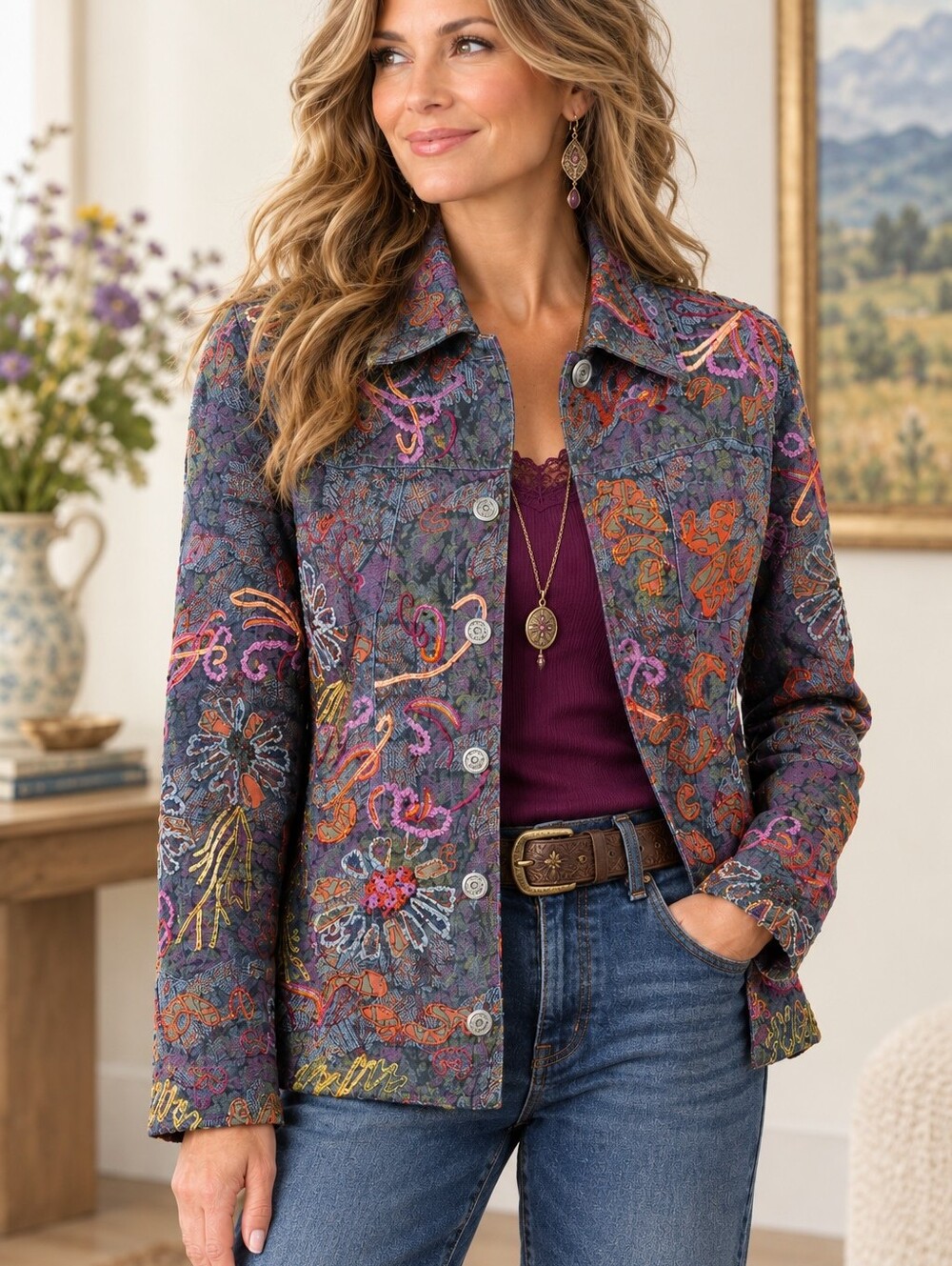 Chico's Denim Embroidered Colorful Floral Paisley Boho Chic Jacket SZ: 2 (12-14)